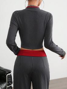 Aidyla Women's Long Sleeve Single-Breasted Casual Top With Red Contrast - Grey - View 2