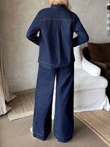 EMERY ROSE Bộ áo dài tay và quần jeans tối giản màu trơn dành cho nữ, trang phục thường ngày - Màu xanh lam - Xem 2