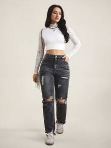 SHEIN Tall Women's Casual Versatile Commuting Distressed Pocket Button Frayed Hem Denim Jeans - Grey - View 6