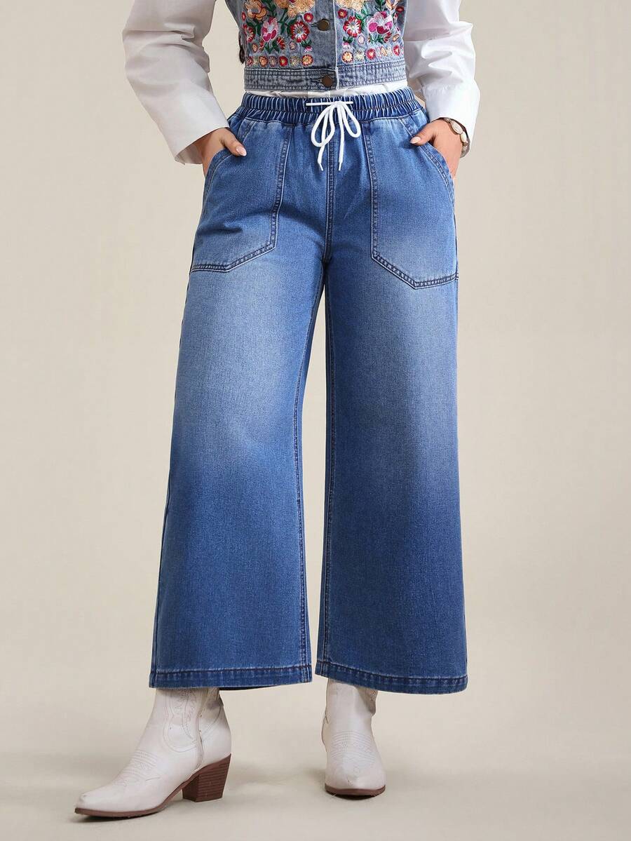 EMERY ROSE 女士休闲水洗抽绳腰阔腿牛仔裤 - 藍色 - 查看 1