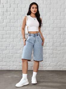 SHEIN Tall 女款休閒水洗拼接飾邊牛仔短褲，適合高個女性 - 淺色水洗藍 - 查看 6