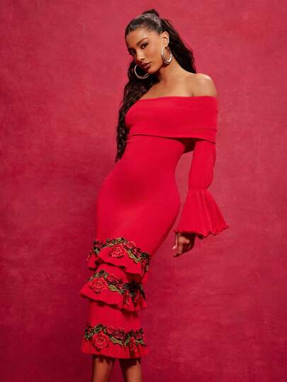 NYA SZN Lara Skirt High Rise Fitted Bodycon Tier Skirt Ruffle Detail Rose Floral Pattern Red Green White Winter Spring Festive Holiday NYE New Years Christmas Hannukah Valentines Day Date Party Elegant Occasion Knit Knitwear Maxi Length Outfits For Women