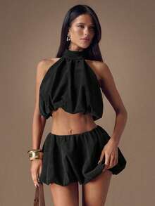 SHEIN BAE Bộ 2 món màu nâu/cà phê trơn gồm áo crop top tay phồng hở lưng có nơ xếp ly, áo dự tiệc/lễ hội và chân váy mini cạp thấp xòe bồng bềnh dành cho nữ, mùa thu/đông. - màu đen - Xem 5