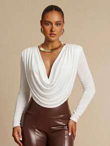 Silquee 橄榄绿深V领优雅垫肩褶皱长袖连体衣，适合约会、外出、婚礼和派对等场合。 - 白色 - 查看 5