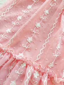 SHEIN Vintaside Kids 女童优雅公主风荷叶边领泡泡袖提花刺绣双层荷叶边下摆宽松公主裙，适合度假、旅行、派对、送礼、春秋季穿着。 - 粉色 - 查看 10