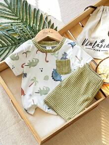 SHEIN Vintaside Kids 2pcs Baby/Baby Boy Ribbed Contrast Color Top And Blue Pants Set, All-Match Casual Comfortable Versatile Outfit For Summer Occasions - Army Green - View 4