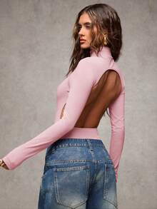 SHEIN BAE Bộ đồ liền thân dài tay khoét lỗ gợi cảm cho nữ - Màu Hồng  San hô - Xem 2