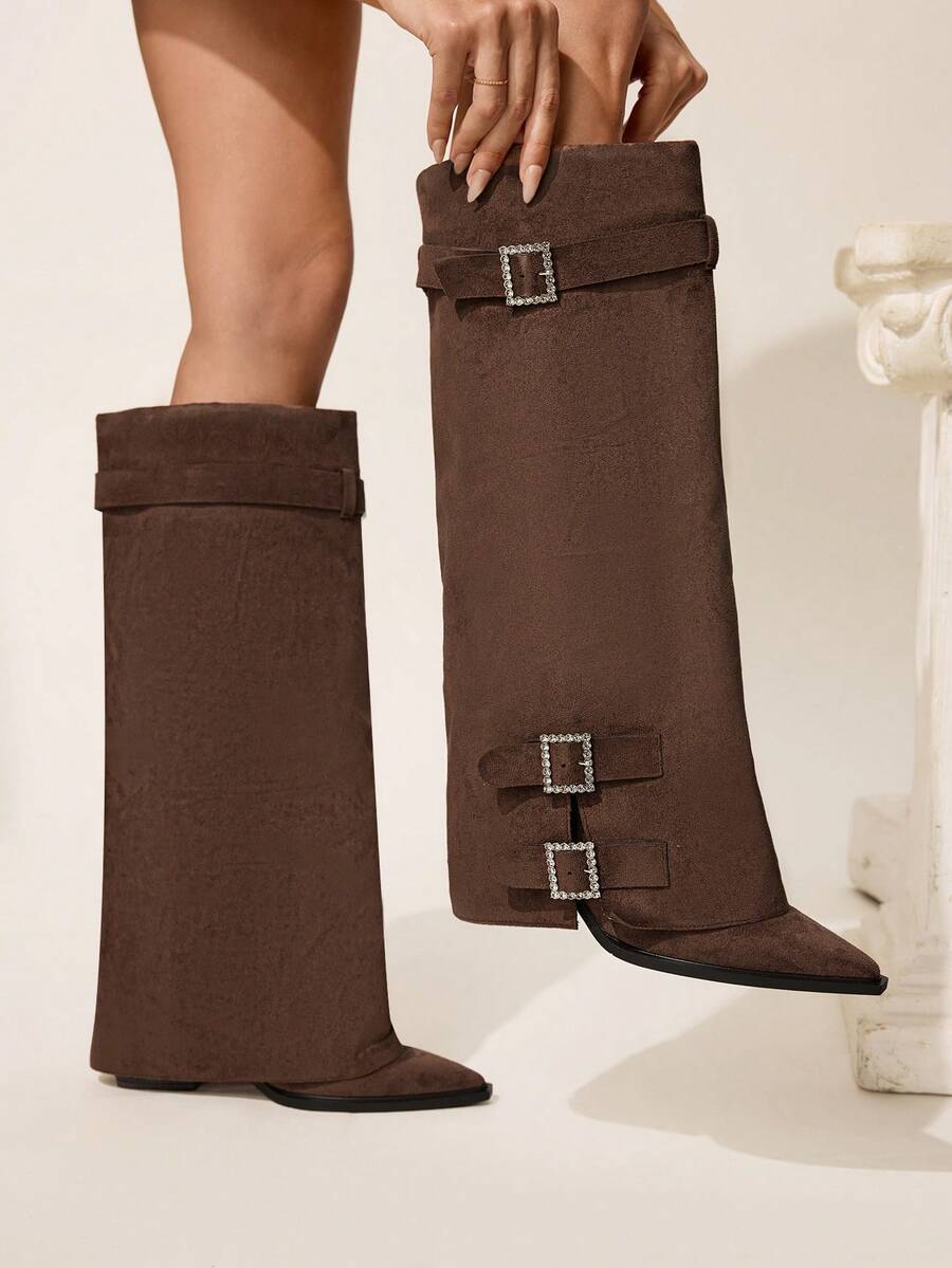 CUCCOO CHICEST Women's Pointed Toe Buckle Design Tall Boots For Christmas - Coffee Brown - View 1