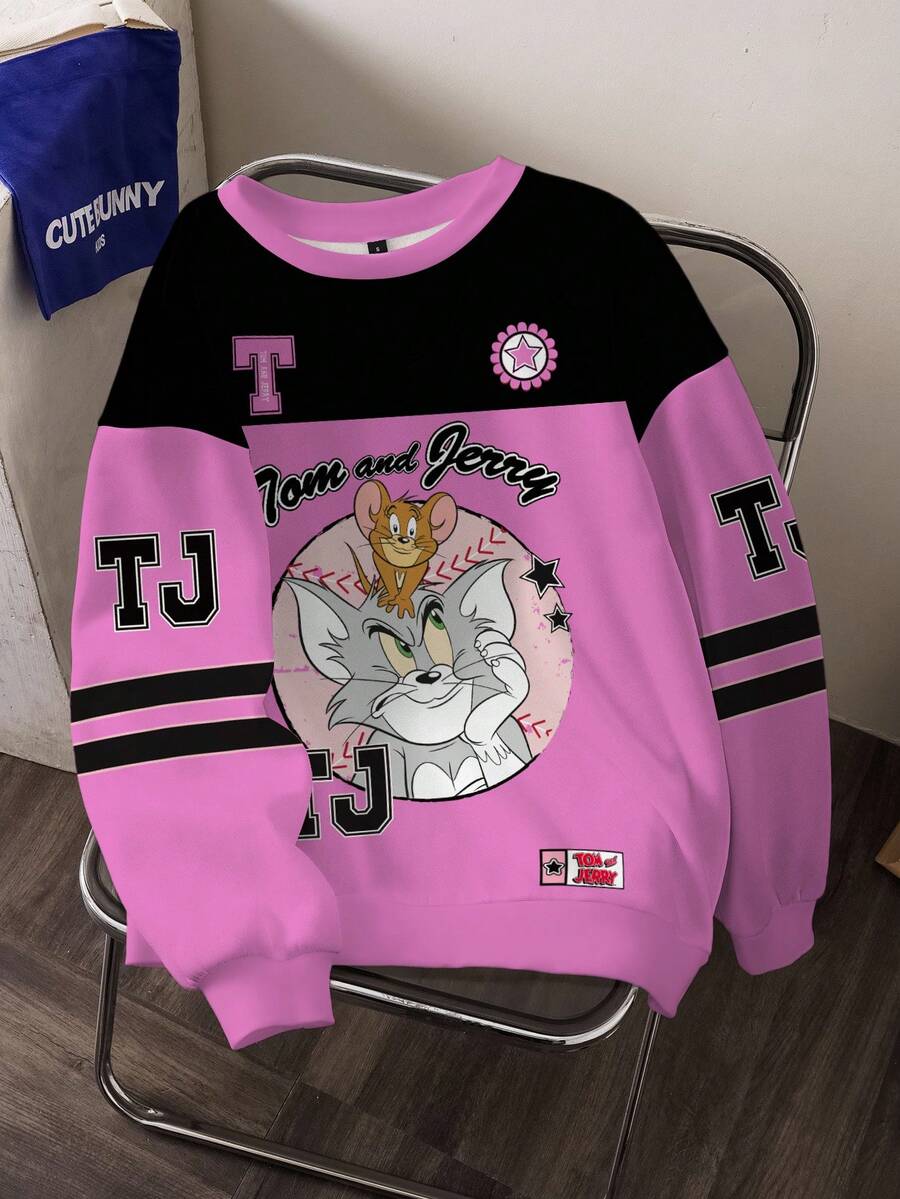TOM & JERRY X SHEIN Áo sweatshirt nữ cổ tròn in chữ hoạt hình phối màu tương phản, phong cách thường ngày, phù hợp đi làm, dạo phố. - trắng - Xem 1