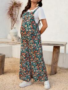 SHEIN Summer Maternity Clothes Maternity Jumpsuits Pregnant  Green Floral Print Jumpsuit For Pregnant Women On Vacation  Pregnant Women's Floral Casual Versatile Jumpsuit With Wide Leg - Green - View 3