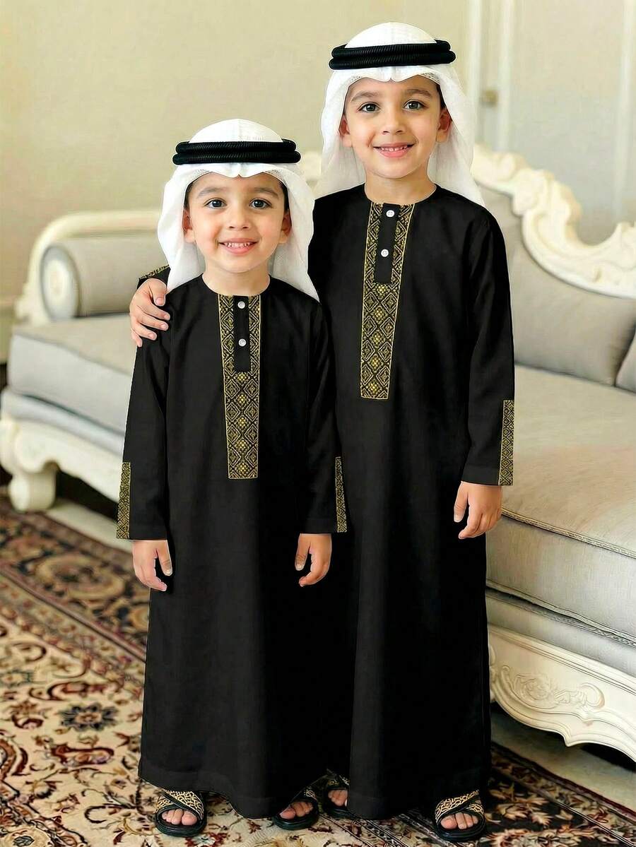 SHEIN Young Boy Long Shirt, Arabic Robe, Classic Retro Floral Print Pattern - Multicolor - View 1