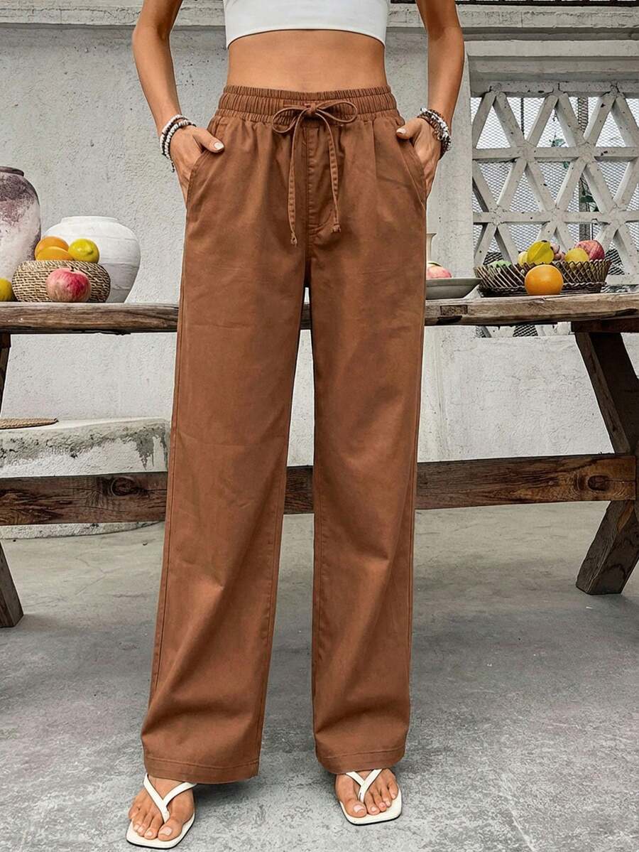 SHEIN Holidaya 女士纯色弹力腰抽绳口袋宽松直筒牛仔裤 - 咖啡棕 - 查看 1