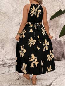 Breezaya Plus-Size Women's Fashionable Elegant Black Monochrome Floral Print Dress,Boho Summer Vacation Holiday Off-The-Shoulder Backless Twisted-Waist Dress - Multicolor - View 2