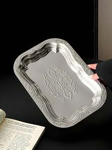 1 Piece Large Vintage Stainless Steel Tray With Elegant French Embossed Pattern High Quality Durable Cake Plate Serving Tray For Home Dining Tabletop Storage Decor Party Wedding Coffee House Essential Hot Item - Silver - View 6