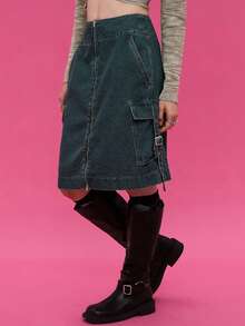 COUREZ 拉链前开襟工装裙 / Y2K 出门穿搭 秋季女装 秋装 可爱冬装 - 中等水洗藍 - 查看 2