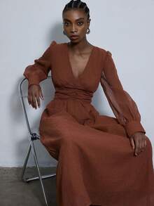 Aveloria Modichic Fashionable Design Elegant Versatile Casual Deep V-Neck Cinched Waist Solid Color Long Sleeve Dress - Brown - View 6