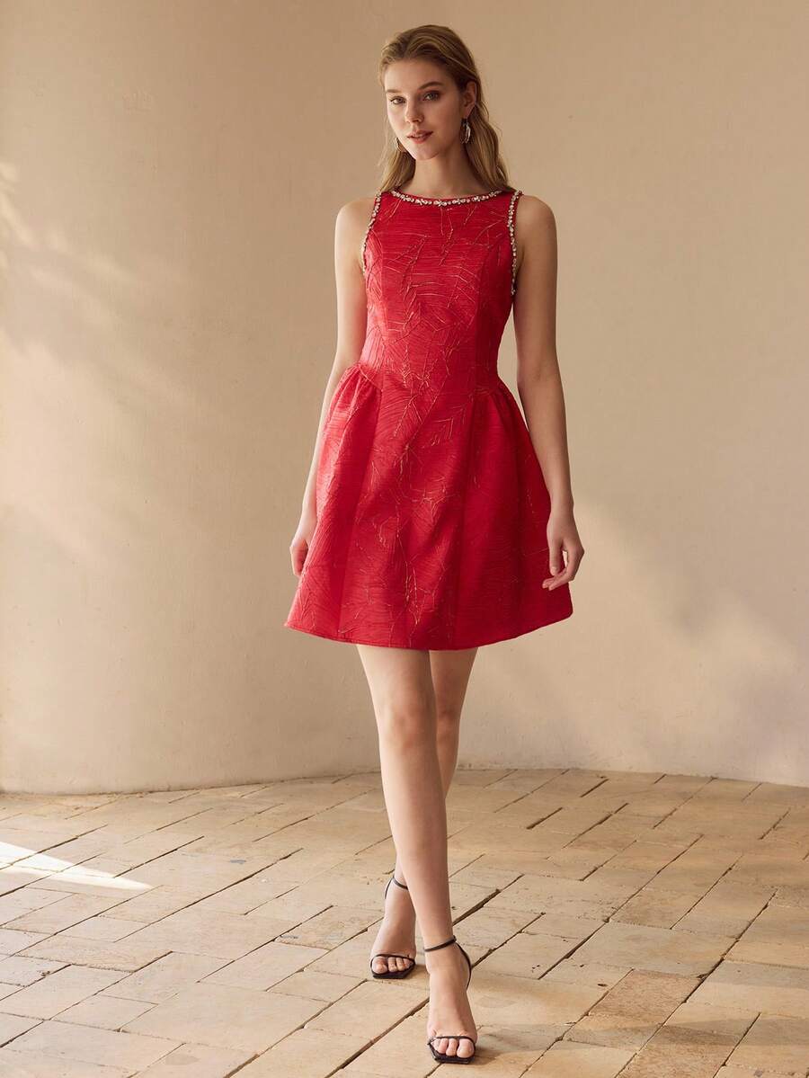 MOTF PREMIUM WOMEN'S RHINESTONE JACQUARD SLEEVELESS DRESS - Red - View 2