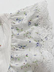Flirla White Summer Curve Party Elegant French Retro Textured Ruffle Patchwork Ditsy Floral Tea Length Dress,Soft Ruched Collar,Flutter Sleeves,Waist Cinched - Multicolor - View 4