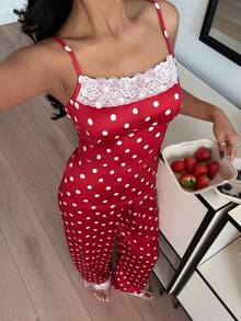 ZzzCrew Women's Sleepwear For Spring And Summer Valentine's Day, Romantic, Sweet, Sexy, Passionate, Playful, Lively And Cute. Red Background, White Polka Dot Print Splicing, White Lace Suspender Top And Matching Print Splicing, White Lace Pants Suitable For Daily Home Leisure, Comfortable Sleep, Sleepwear, Party Wear Red Polka Dot Pajamas - Red - View 6
