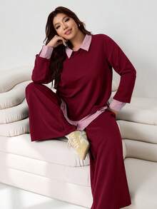 SHEIN EZwear 2025秋冬时尚两件套，百搭条纹衬衫叠穿卫衣搭配宽松长裤，适合休闲、约会、通勤、派对、居家穿着，大码可选，酒红色 - 酒紅色 - 查看 7