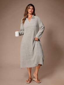 Lazeform Plus Size Women Solid V-Neck Fleece Long Sleeve Casual Nightgown, Suitable For Outdoor Wear, Autumn/Winter - Light Grey - View 1