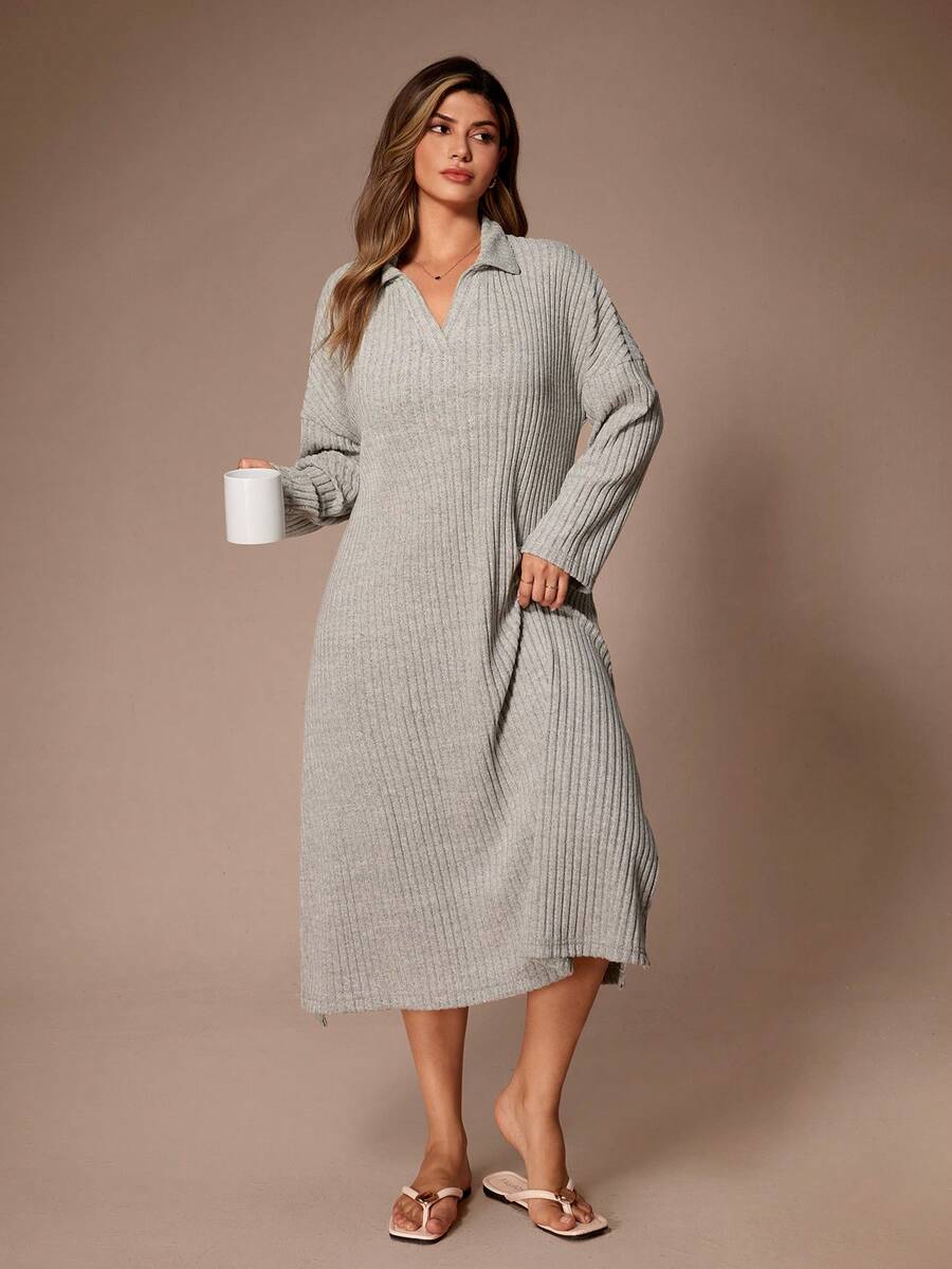 Lazeform Plus Size Women Solid V-Neck Fleece Long Sleeve Casual Nightgown, Suitable For Outdoor Wear, Autumn/Winter - Light Grey - View 1