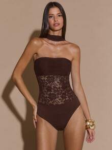 Body de mujer con parches de encaje sexy, adecuado para discoteca, fiestas, eventos de cóctel, atuendo sexy para uso diario, festivales, vacaciones, Halloween, Navidad - Café integral - Ver 5
