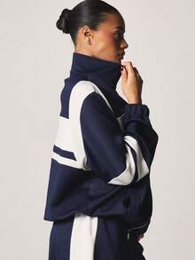 MISSGUIDED Navy Color Block Zip Front Track Jacket With White Contrast Panels And Stripes - Blue and White - View 4