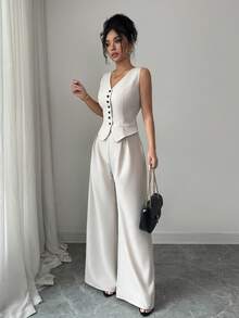 SHEIN Elenzya 2pcs Women's Elegant Vacation & Office Wear Vest + Pants Set - Apricot - View 3