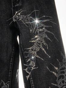 ROMWE MEN Street Life Men's Casual Washed Rhinestone Embellished Wide Leg Jeans