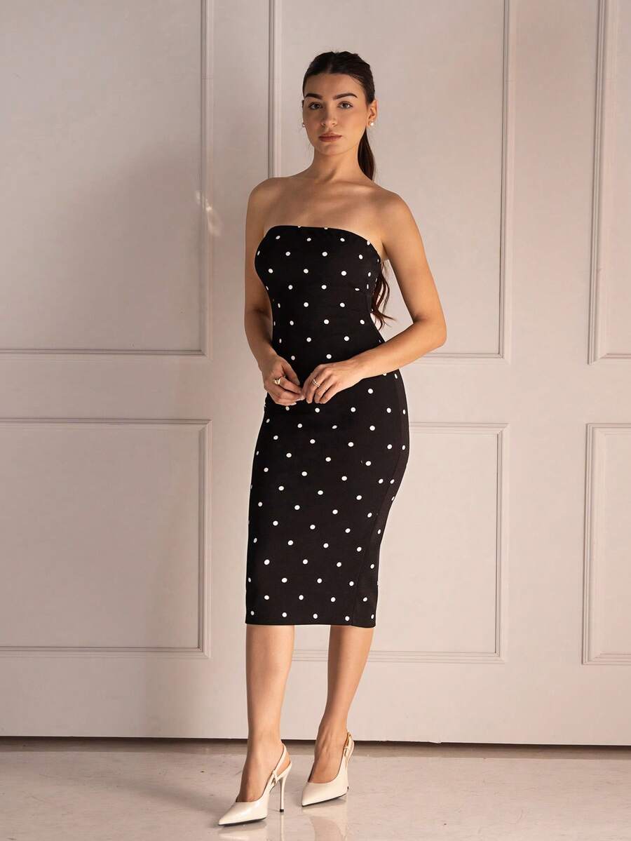 Andrea Bello Vestido ajustado y sexy a media pantorrilla con estampado de lunares - Negro - Ver 1