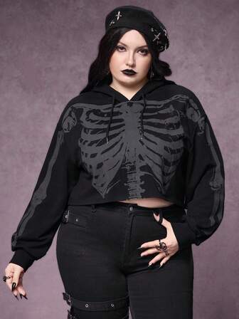 Grunge Punk Sweat-shirt à capuche court avec cordon de serrage et imprimé tête de mort/squelette pour femmes grandes tailles