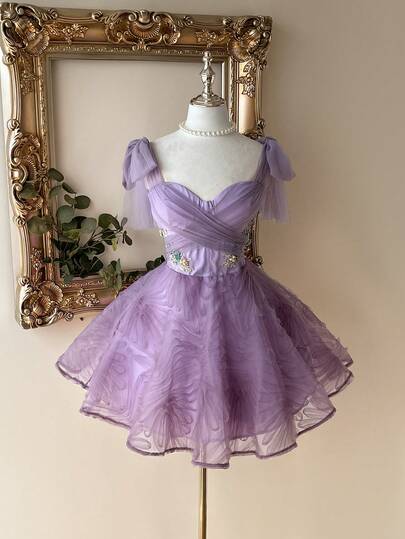 Lovelzi Elegant Light Green Mesh Strapless Bow-Tie Embroidered Floral A-Line Peplum Dress With Adjustable Back Tie, Suitable For Dates, Vacations, Birthdays, Weddings, Graduations, Proms