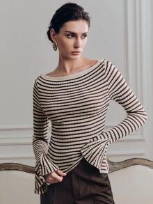 Anewsta Women's Spring/Summer Knit Top, French Elegant Striped Off-Shoulder Flare Sleeve Blouse - Coffee Brown - View 1