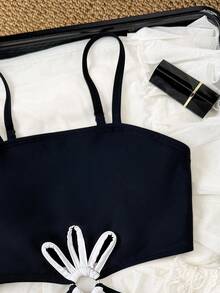 女童豹纹镂空连体泳衣，舒适时尚 - 黑色 - 查看 4