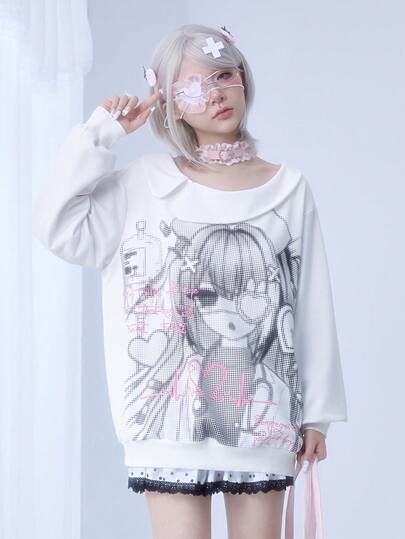 Felpa da donna con colletto alla Peter Pan e spalle oblique, stile kawaii e carino, motivo cartoni animati anime