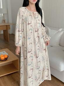 DAZY Plant Pattern Full Print Ruched Drawstring Neck Lantern Sleeve Long Loose Women Nightgown - White - View 7