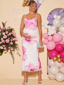 Loomaby Maternity Floral Print Draped Neck Fitted Elegant Camisole Dress Dress Gender Reveal Dress Maternity Dress Baby Shower Dress - Multicolor - View 5