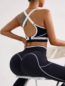 Seamluxe SHEIN Sport Seamless High Elastic Sports Fitness Bra, Fashion Color Blocking - Black and White - View 5