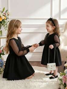 优雅可爱的黑色网眼拼布长袖连衣裙 - 黑色 - 查看 1