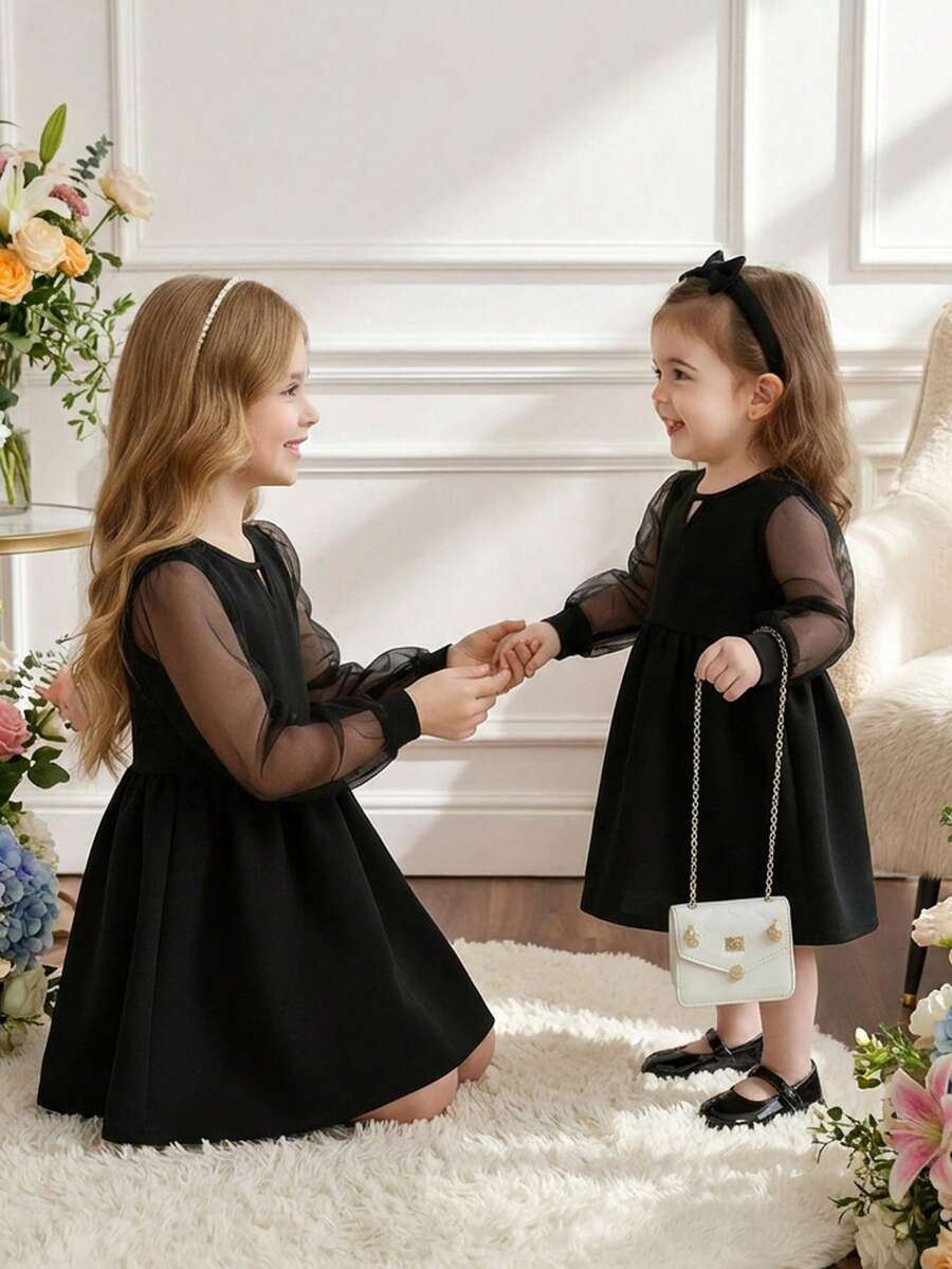 优雅可爱的黑色网眼拼布长袖连衣裙 - 黑色 - 查看 1