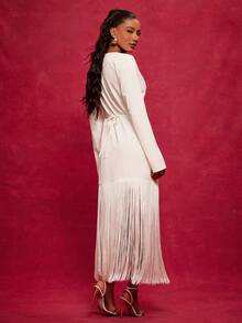 NYA SZN 长袖V领露肩流苏宽松白色连衣裙，适合节日、圣诞节、新年夜、复活节、情人节、冬季、春季、夏季活动、派对等场合，奢华长款女装 - 米色 - 查看 2