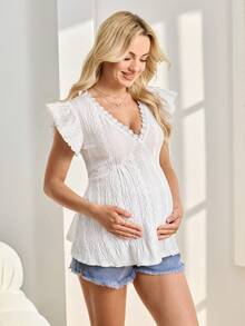 SHEIN 优雅孕妇网纱刺绣V领短袖T恤 - 白色 - 查看 4