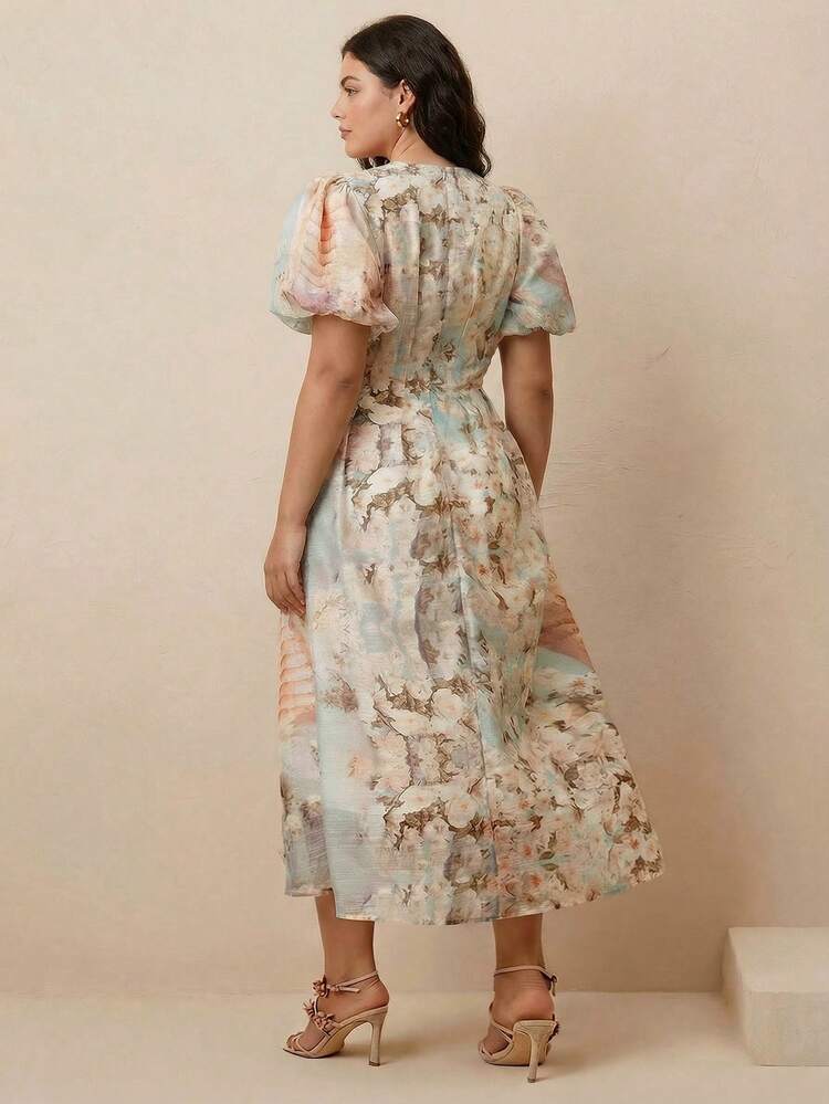 Valentine Plus Size Women Elegant Puff Sleeve Pearl Button V-Neck Floral Print A-Line Dress