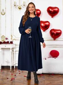 EMERY ROSE Váy len họa tiết cổ tròn tay dài cỡ lớn dành cho nữ, mùa thu - Màu xanh hải quân - Xem 3