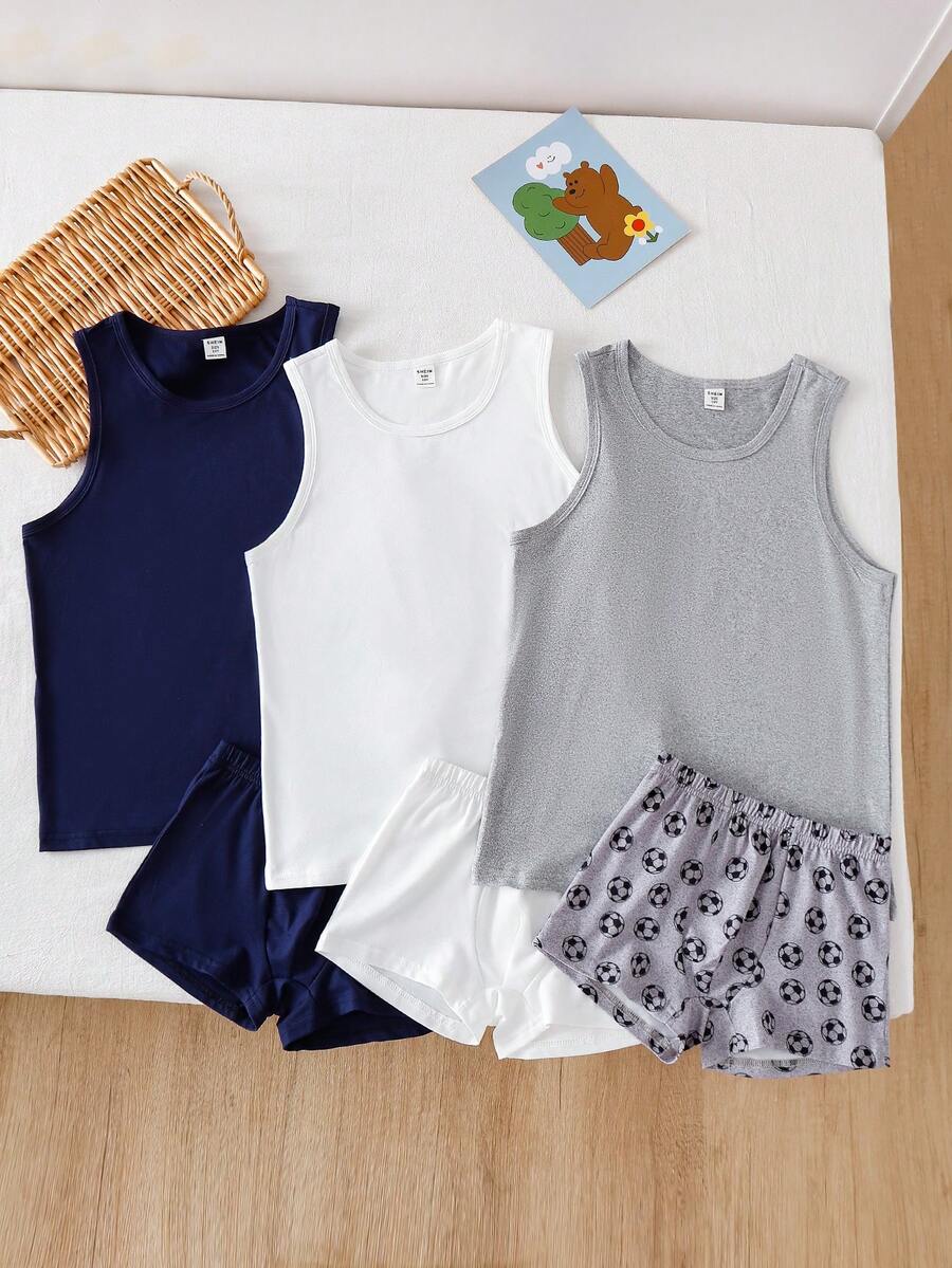 3件套男童时尚纯色内衣套装，足球图案元素打底裤 - 彩色 - 查看 1