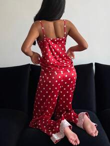 ZzzCrew Women's Sleepwear For Spring And Summer Valentine's Day, Romantic, Sweet, Sexy, Passionate, Playful, Lively And Cute. Red Background, White Polka Dot Print Splicing, White Lace Suspender Top And Matching Print Splicing, White Lace Pants Suitable For Daily Home Leisure, Comfortable Sleep, Sleepwear, Party Wear Red Polka Dot Pajamas - Red - View 3