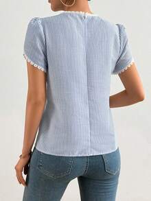 Elenzga Women's Elegant Striped Collar Ruffle Patchwork Puff Sleeve Blouse - Multicolor - View 2