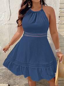 SHEIN Clasi Women's Lace Trim Mock Neck Sleeveless Patchwork Dress - Blue - View 5