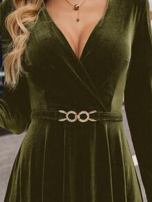 EMERY ROSE 女士纯色交叉V领长袖优雅时尚连衣裙 - 軍綠色 - 查看 7